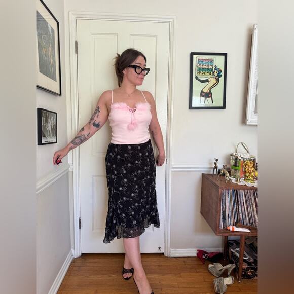 Vintage Dresses & Skirts - Y2K Black Slip Skirt with embroidered flowers and sequins